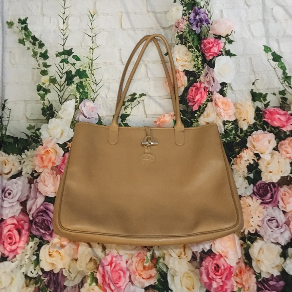 Longchamp 12” x 14” shoulder tote light tan leather Fair used condition